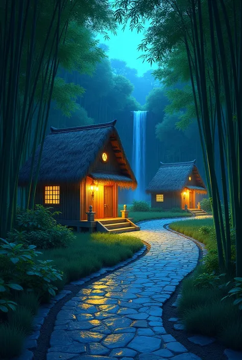 A detailed shot of a peaceful rural setting on a cloudy night features a path made of bluestone slabs and a waterfall as a wooden fence. The path, glistening from the rain, leads through a lush, vibrant emerald green bamboo forest to two traditional thatch...