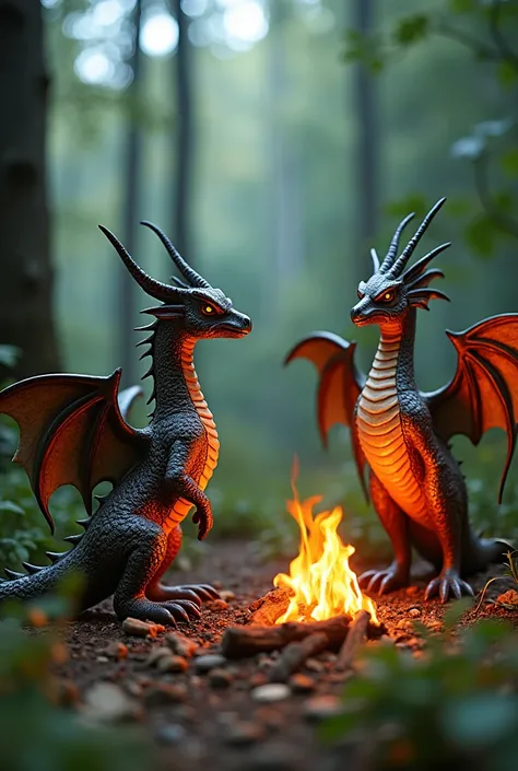 Scene from an enchanted forest where mythological creatures, like dragons and phoenixes, They are modeled in ceramics. These beasts have enameled surfaces that reflect the light from a nearby bonfire., giving life to its rigid forms.