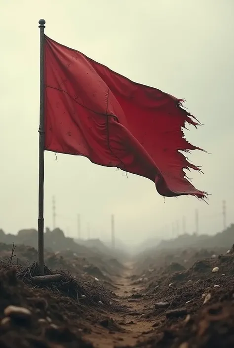 A red war flag with a wooden pole in the middle of the World War One battlefield. The flag was a little damaged and dull due to being hit by a weapon, but the flag still stood strong