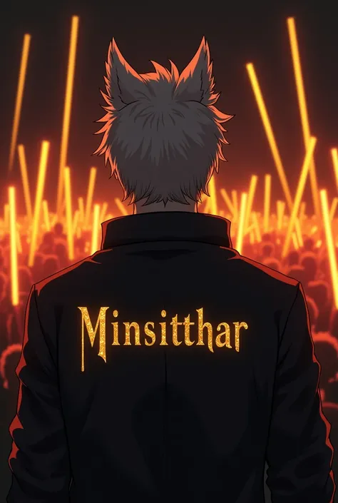 Man standing with his back to the camera wearing a jacket, behind the jacket is the name Minsitthar (the color of the name is gold and the font is "Disco Diva"),

It has to be anime

He is 2, has skin-colored hair and wolf ears.

Background and an audience...