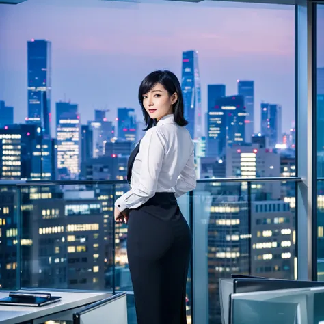 """
Professional Japanese businesswoman, curvy figure, trim waist, slight asymmetry,shoulder-length black hair, subtle makeup, wearing a well-fitted business suit, high heels, standing confidently in a modern office, city skyline visible through windows, c...