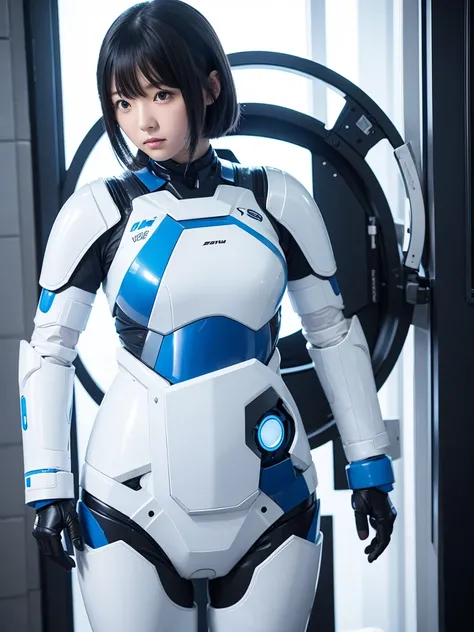 Japanese female android,Black Hair,White and blue robot suit,Plump