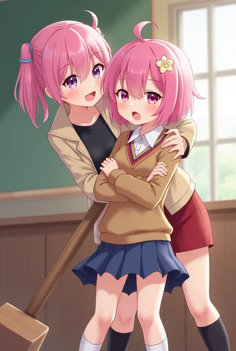 cheered up, 2d, (masterpiece, Best Quality)+, showy, (Very detailed)+, (Very delicate, beautiful)+, character design, feminine focus, Alone, 1 girl, Natsuki (Doki Doki literature club), hair ornament, pink hair, pink eyes, short hair, two sides up, swept b...