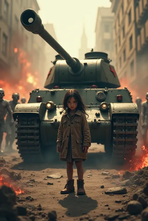 Girl in front of a T-34 tank  ,burning buildings and a crowd of steampunk zombies nearby 