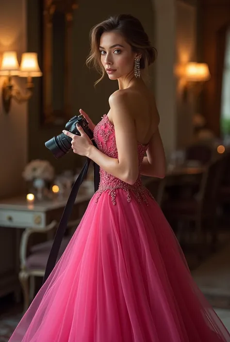 Woman in pink dress, Holding Camera, in an evening dress, in the style of glamour, полуобернутая дама in an evening dress, Wearing a long dress, fashion photoshoot haute couture, inspired by Adrienne Henchne Deak, Elegant glamorous pose, Sigourney Weaver, ...