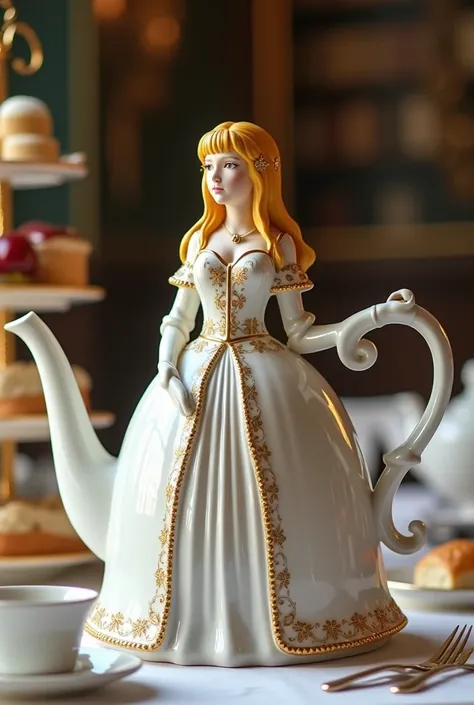 Ceramic teapot in the shape of an anime girl, fate stay night, Artoria Pendragon, Gold embroidery, Afternoon Tea, Afternoon tea stand, sandwiches, scones, Tablecloths, British Royal Palace,