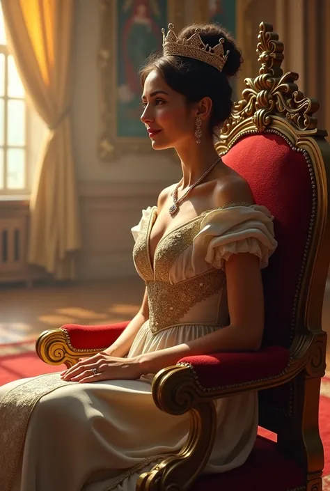 The Queen Reflects, Feeling Content

The queen sits back in her throne, looking thoughtful and content. Her expression is serene, with a small, satisfied smile, indicating she is pleased with the days events. The court around her is calm, with sunlight str...