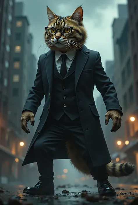 The monster cat fight with dangerous man . The monster cat wear suit , shoes and glasses