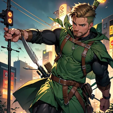 NSFW, 32k, high quality , detailed face , detailed fingers ,detailed muscles  stephen amell as green arrow , wearing blackish green outfit   , showing a dark blond short hair , a thick facial hair like daddies, a bulge ,hunk and handsome, shooting  his  ar...