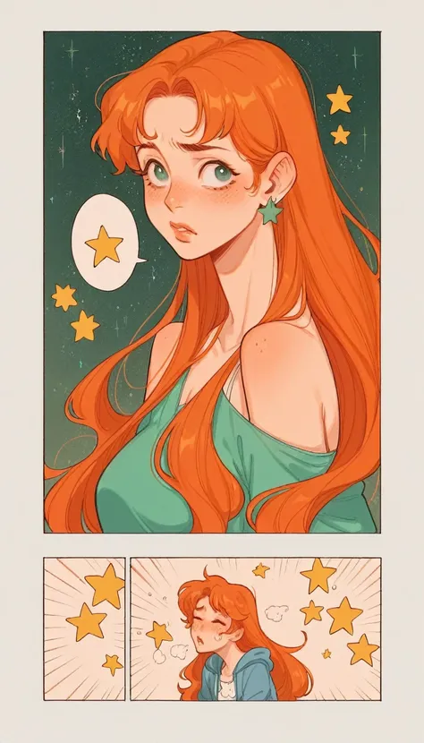 score_9, score_8_up, score_7_up, score_6_up, p4n3ls, 1girl, stars, long hair, panels, (8k, best quality, master piece: 1.2),super high resolution,A page of a soft pastel colored comic book divided into frames, ginger, A sad princess investigates a ghost、sp...