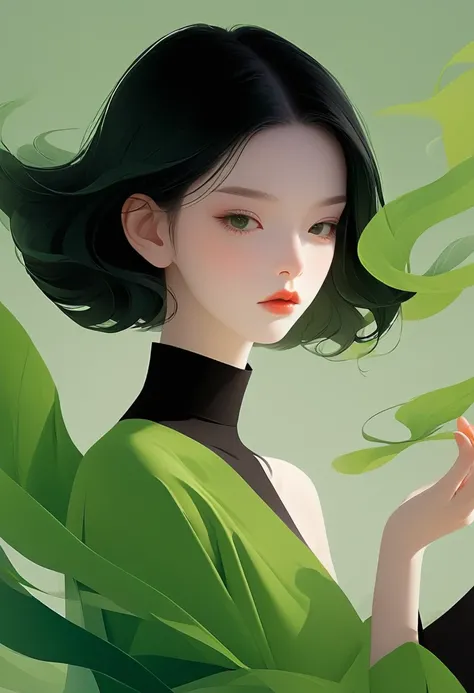 vector，Flat style，illustration，数字艺术illustration，1 girl，Unique，green，Black Hair，Pretty Face，portrait，Shoulder，Beautiful hands，Was，artistic conception，Abstract