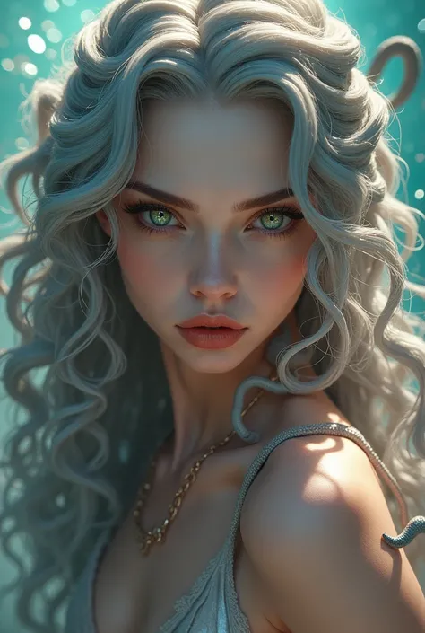 detailed lips, long wavy hair, serpents for hair, fierce expression, pale complexion, mesmerizing gaze, vibrant colors, soft lighting, (hyperrealistic), (illustration), (high resolution), (8K), (extremely detailed), (best illustration), (beautiful detailed...