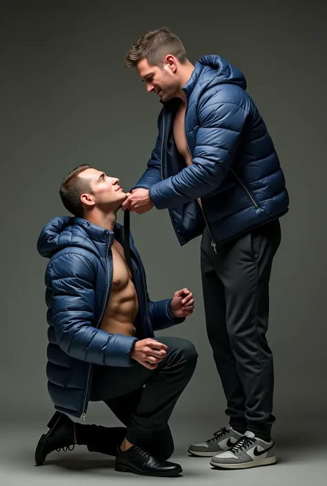 ATTENTION: (((*TWO MALES HANDSOME MAN TOGETHER*))) IN HIGH REALISTIC RAW IMAGE. Man A 48yo, exceptionally handsome man with light-colored eyes and short, thinning hair. He is (((dressed a pants, formal shoes, and an open, *extremely shiny blue nylon puffer...