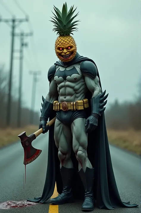 an evil pineapple in a batman suit on middle of road and a bloody axe