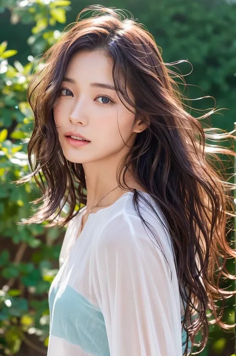 prospect: Gorgeous Woman , Wet wavy hair in the wind. she is a male model&#39;magazine, She smiles and plays with the camera, (She is wearing a casual shirt、Wearing leggings), 美しい背景landscape, (In the light of the setting sun), , Perfect Eyes, Perfect hands...