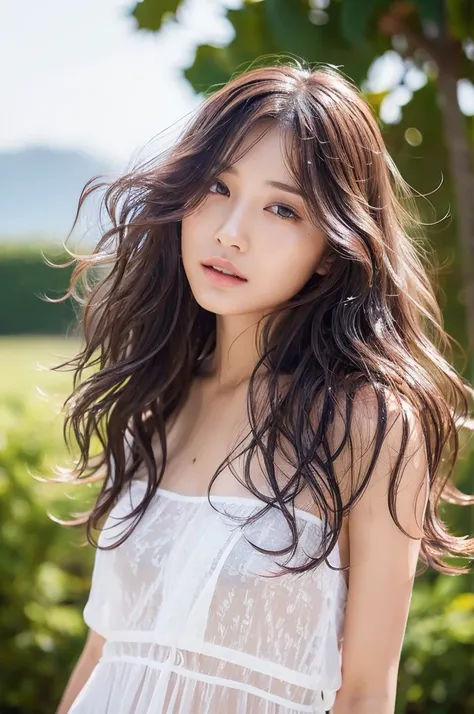 prospect: Gorgeous Woman , Wet wavy hair in the wind. she is a male model&#39;magazine, She smiles and plays with the camera, (She is wearing a casual shirt、Wearing leggings), 美しい背景landscape, (In the light of the setting sun), , Perfect Eyes, Perfect hands...