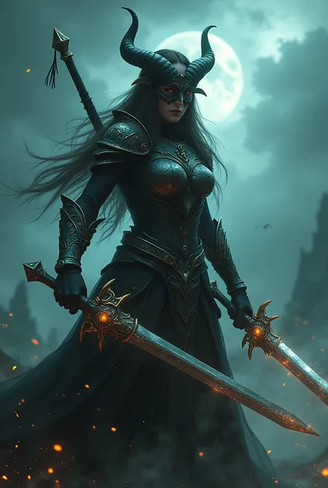 Girl with a magic shotgun and a paladin sword behind her, a demon mask on her face