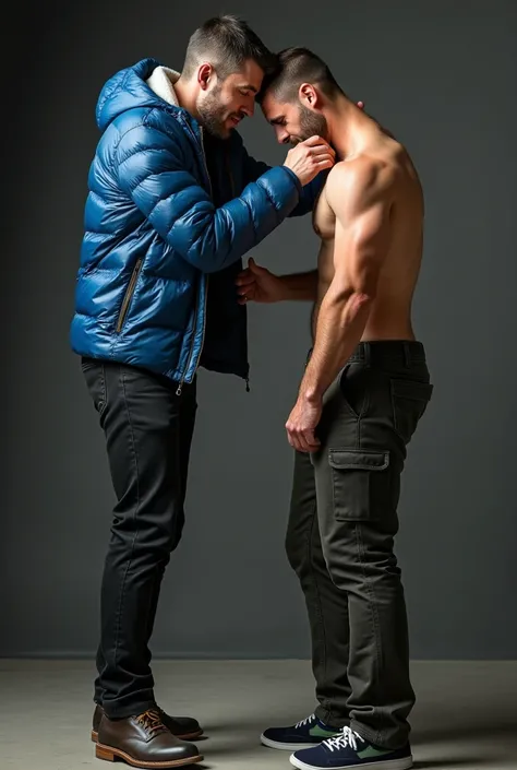 ATTENTION: (((*TWO MALES HANDSOME MAN TOGETHER*))) IN HIGH REALISTIC RAW IMAGE. Man A 41, exceptionally handsome man with light-colored eyes and short, thinning hair. He is (((dressed a pants, formal shoes, and an open, *extremely shiny blue nylon puffer j...