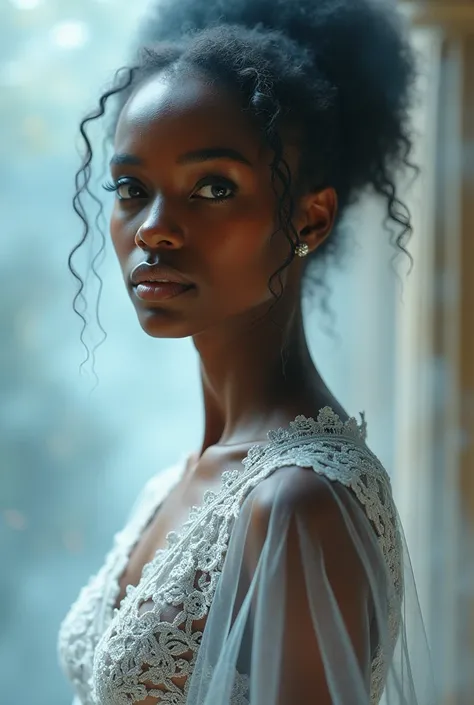 Ethereal Beauty: An Ethiopian princess model in a delicate, silver lace dress, posing gracefully in a dreamy, ethereal setting. Soft, diffused lighting and a misty background create a magical and enchanting scene.