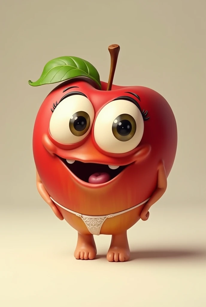 An apple that has eyes and naughty smile and wears thong and bra