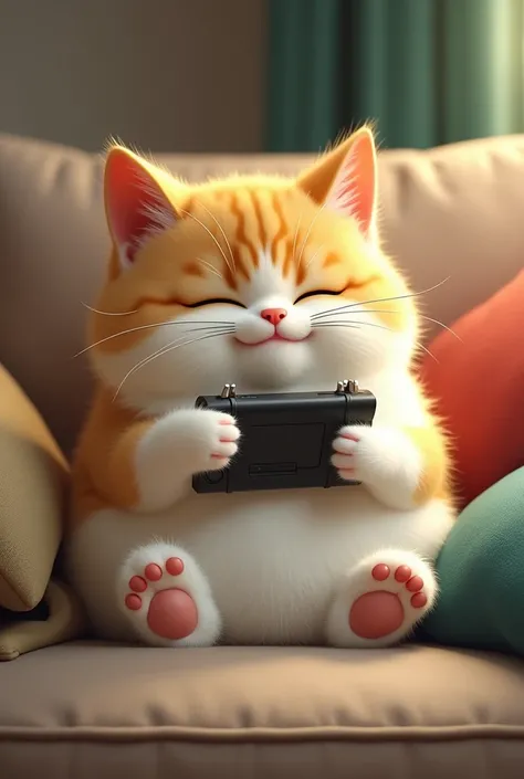 the small white yellow fat cat playing the game in the gamer board in the hand sitting in the sofa 