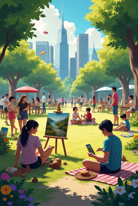 "A vibrant scene depicting a diverse group of people enjoying their favorite hobbies in a beautifully designed urban park. In the foreground, a young woman is painting a picturesque landscape on a canvas, while a middle-aged man is skillfully carving intri...