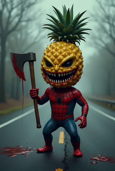 an evil pineapple in a Spider-Man suit on middle of road and a bloody axe