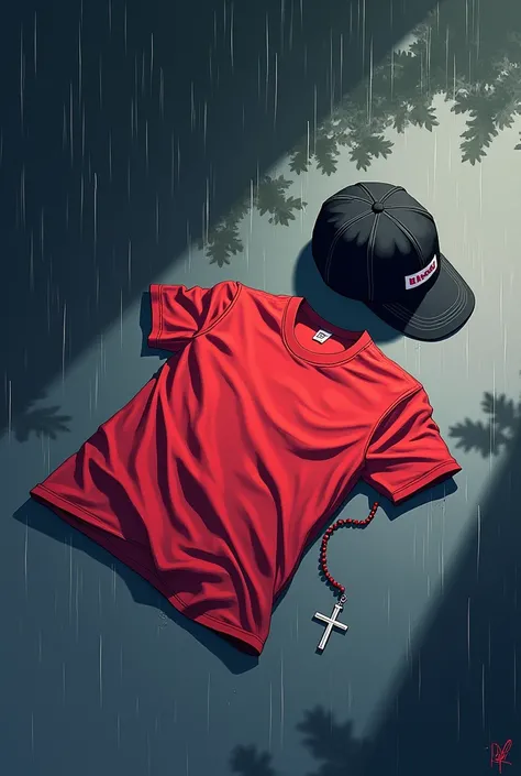 Wrinkled red t-shirt lying on the ground and next to it a baseball cap and a rosary 2d anime style very expressive and visually beautiful image anime styleIn a puddle while its raining 