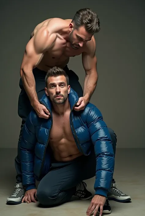 ATTENTION: (((*TWO MALES HANDSOME MAN TOGETHER*))) IN HIGH REALISTIC RAW IMAGE. Man A 41, exceptionally handsome man with light-colored eyes and short, thinning hair. He is (((dressed a pants, formal shoes, and an open, *extremely shiny blue nylon puffer j...