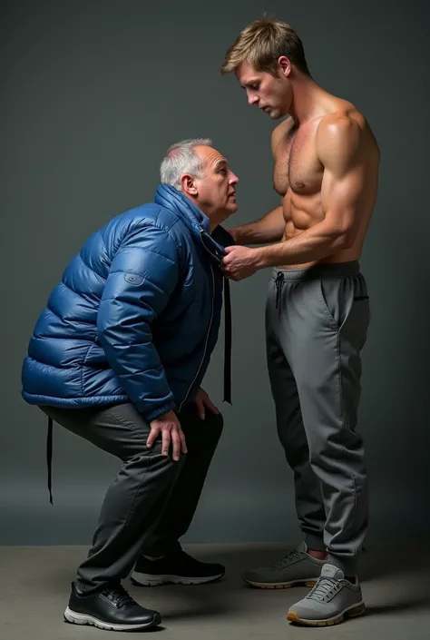 ATTENTION: (((*TWO MALES HANDSOME MAN TOGETHER*))) IN HIGH REALISTIC RAW IMAGE. Man A 48yo, exceptionally handsome man with light-colored eyes and short, thinning hair. He is (((dressed a pants, formal shoes, and an open, *extremely shiny blue nylon puffer...