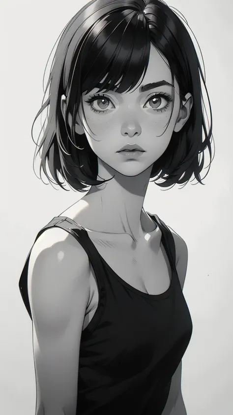 1 boyish girl, solo, sharp eyes, monochrome, greyscale, shoulder length black hair, portrait, blank white T-shirt, Thin eyebrows, closed mouth, looking at viewer, graphite (medium), detailed lips, hatching (texture), without makeup, (bangs), upper body, (b...