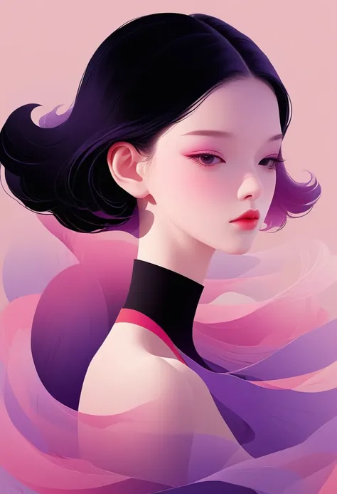 vector，Flat style，illustration，数字艺术illustration，1 girl，Unique，pink，Purple，Black Hair，Pretty Face，portrait，Shoulder，Beautiful hands，Was，artistic conception，Abstract