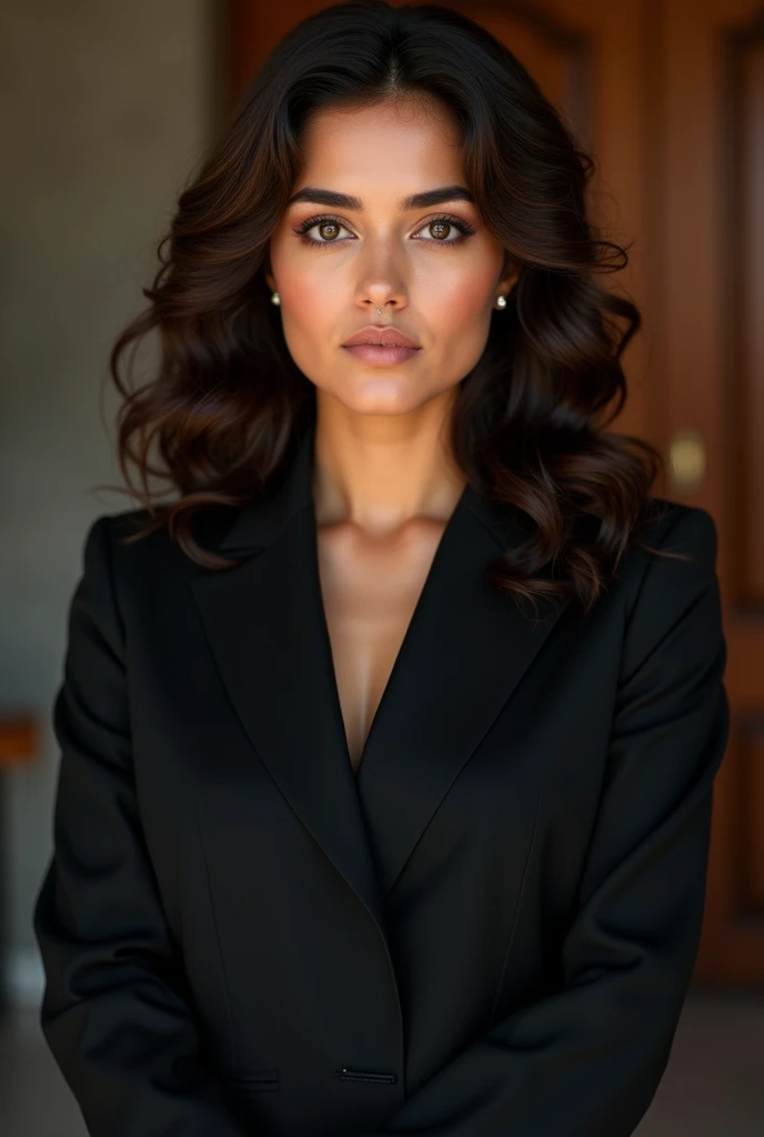 A girl with curly beautiful long hairs brown eyes wearing black pakistani lawyer suit
 has nosepeircing and wearing small size diomand nosepin