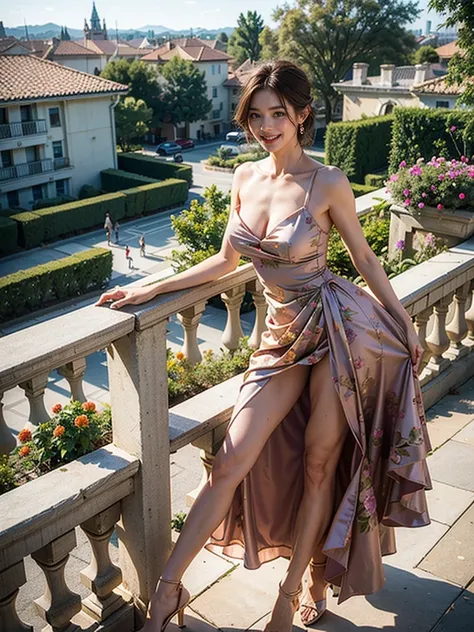 high quality bad anatomy big laugh attractive mature lady proud of her abs smile face beautiful décolleté louis vuitton dress looking at viewer balcony  flower garden