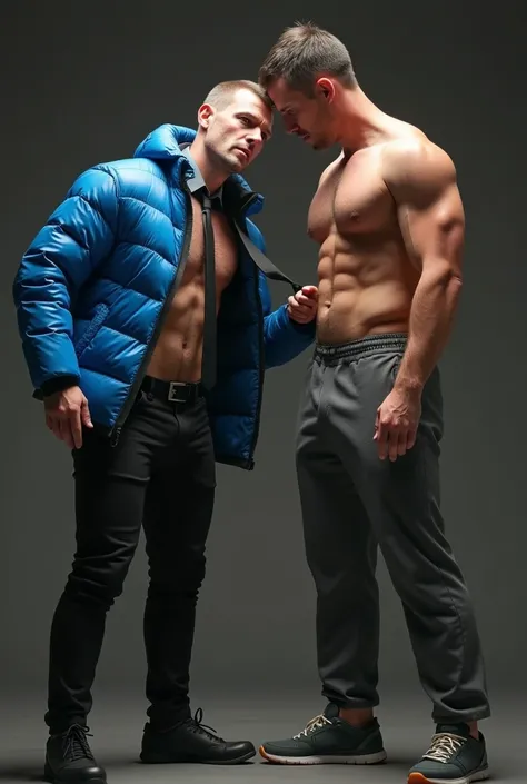 ATTENTION: (((*TWO MALES HANDSOME MAN TOGETHER*))) IN HIGH REALISTIC RAW IMAGE. Man A 48yo, exceptionally handsome man with light-colored eyes and short, thinning hair. He is (((dressed a pants, formal shoes, and an open, *extremely shiny blue nylon puffer...