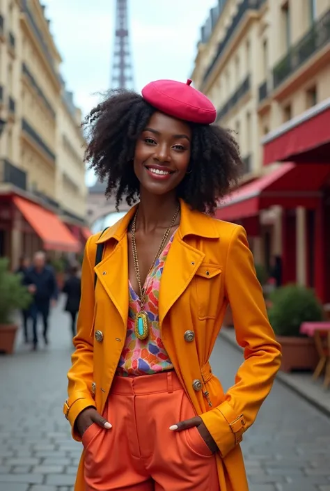  "Create a vibrant and chic photoshoot inspired by the Emily in Paris TV show, but with a twist—the lead character is a stunning Black woman with a radiant smile. The scene is set against the picturesque streets of Paris, filled with pastel hues, cobblesto...