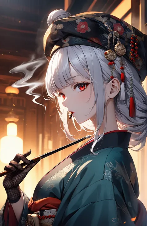 Ultra high resolution, rich colors, perfect image, top quality, detailed image, beautiful woman, glowing skin, skin and clothing texture, delicate eyes, Showa era, kimono, haori, tilted toque, black fishnet gloves, smoking pipe, sideways, long silver hair,...