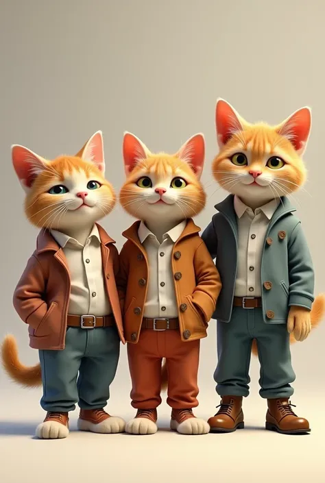 Three cats standing all cats wear pant shirt and shoes and give smile