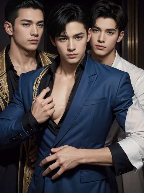 ((masterpiece)),((best quality)),8K,high detail,Very detailed, Very manly，3 men, like，fashion pose, Realistic skin texture, Light,
Royal blue style couple，Perfect hand details