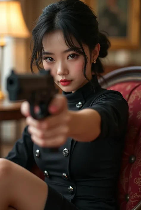 Sexy white korean animated Girl with a gun in her hand sittting in the chair with pose and wearning black army dress in her beautiful house