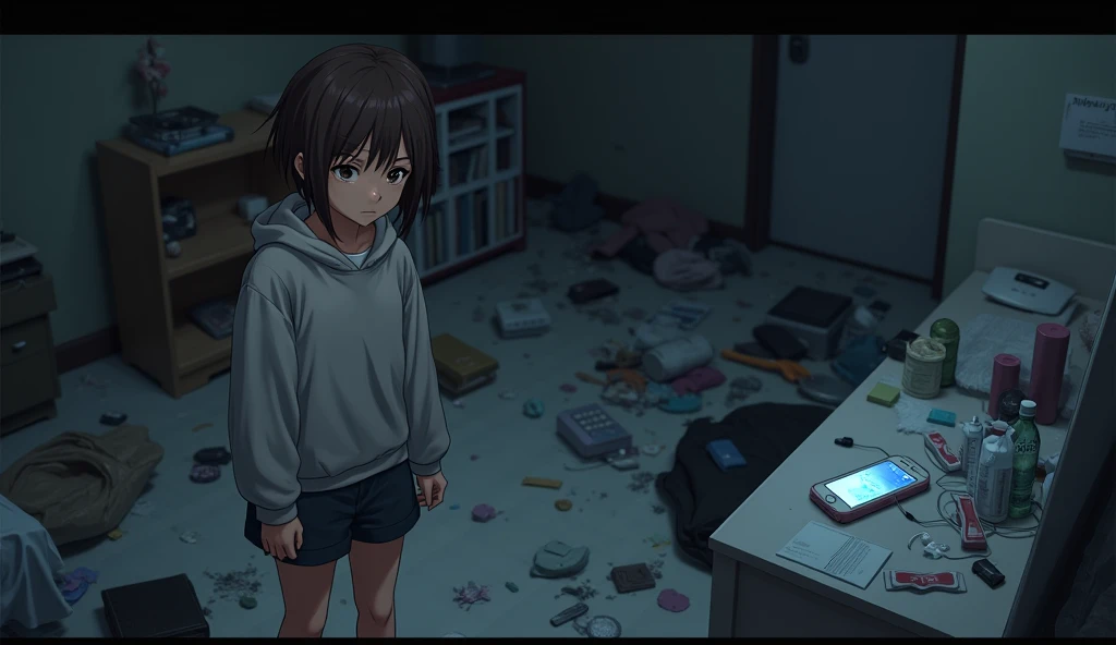 An anime image of a teenage girl with short brown hair in a room. Things are scattered all over the floor. In the midst of the chaos, she is standing looking at a table, looking worried because there is a phone on the table that has been left on. The atmos...