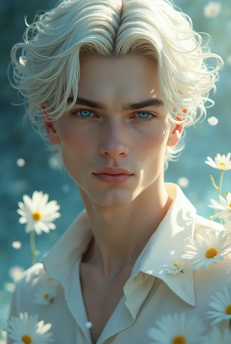 Create a male image , blue eyes ,Short hair with center part and curls , Platinum blonde hair , There are white flowers all around like magic. , strong , gentle 