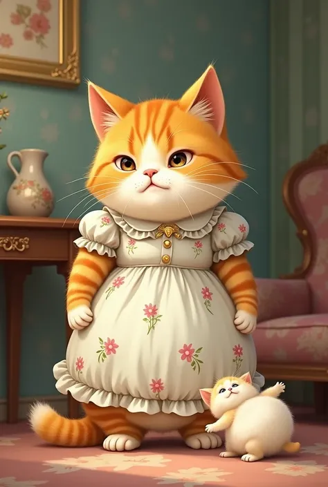 the small white yellow fat cat mother cat in dress is  scolding him in the room.