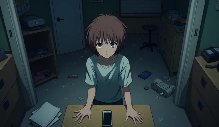 An anime image of a teenage girl with short brown hair in a room. Things are scattered all over the floor. In the midst of the chaos, she is standing looking at a table, looking worried because there is a phone on the table that has been left on. The atmos...