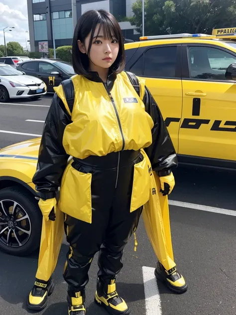 Japanese female android,Black Hair,Yellow robot suit,Plump,Standing next to a yellow police car in a parking lot,