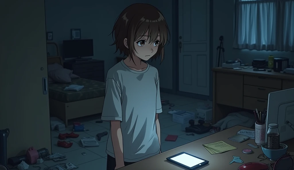 An anime image of a teenage girl with short brown hair in a room. Things are scattered all over the floor. In the midst of the chaos, she is standing looking at a table, looking worried because there is a phone on the table that has been left on. The atmos...