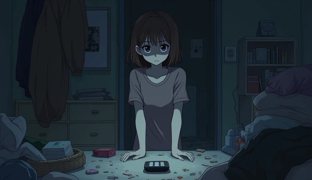 An anime image of a teenage girl with short brown hair in a room. Things are scattered all over the floor. In the midst of the chaos, she is standing looking at a table, looking worried because there is a phone on the table that has been left on. The atmos...