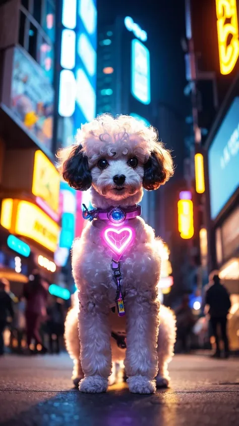 A charmingly futuristic cybernetic toy poodle, small and endearing, shines brightly among the vibrant lights and holographic ads of a bustling city. This stunning image is perhaps a digital painting, capturing the whimsical essence of technology and cutene...