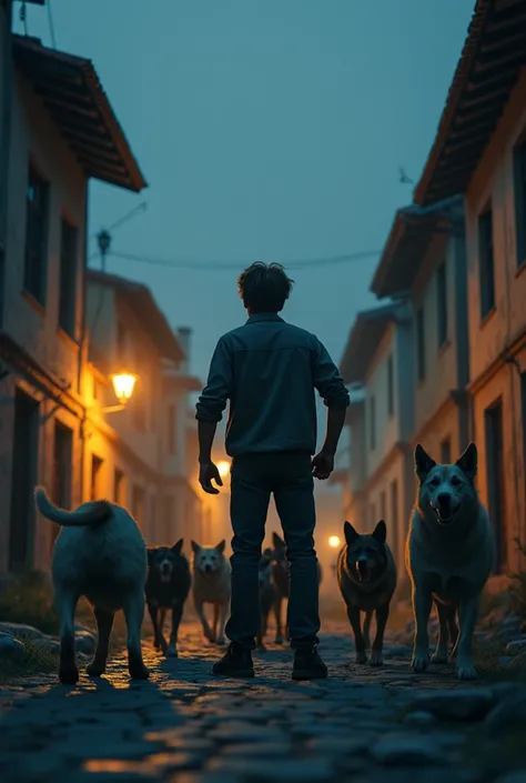 Image from behind of a young man picking up stones to throw at a group of dogs that are about to attack him in the middle of a quiet village with dim lighting.