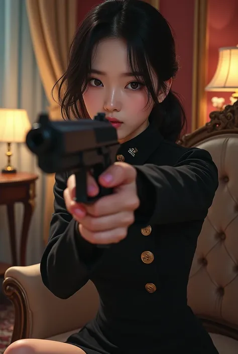 Sexy white korean animated Girl with a gun in her hand sittting in the chair with pose and wearning black army dress in her beautiful house